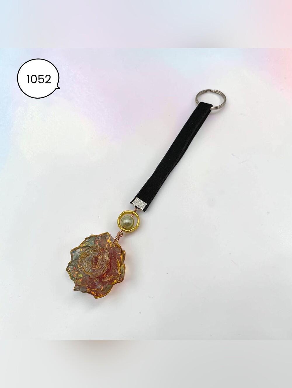 Black Strap Keychain with Green & Pink Iridescent Rose Charm Handmade Accessory - Picture 2 of 5